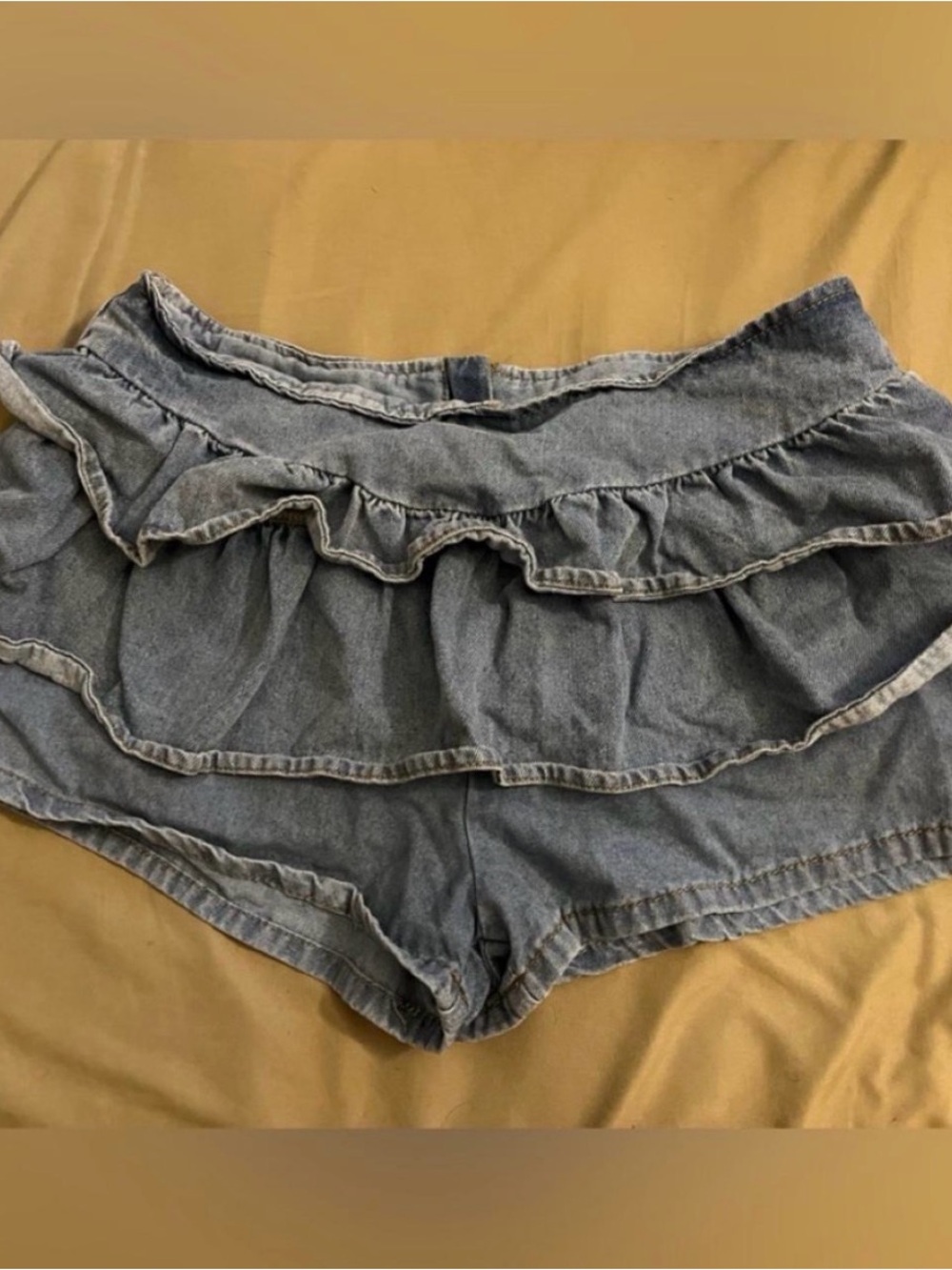 Cider Medium Ruffle Mini Denim Shorts Blue Cheeky Mid Rise Back Zip - Picture 2 of 5